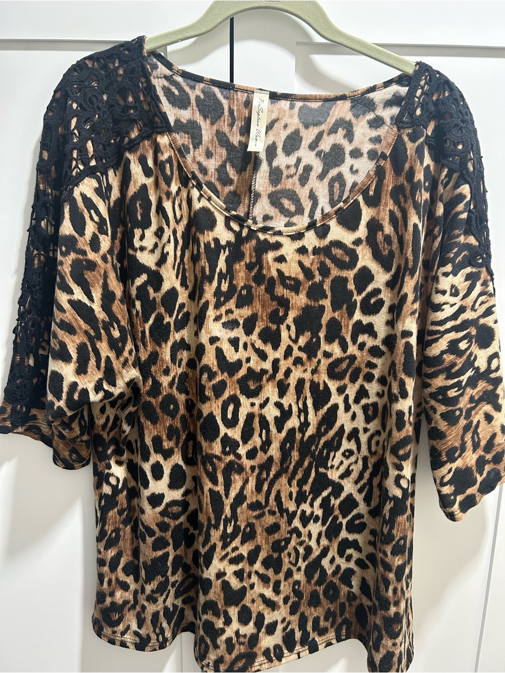 Perseption Leopard Print Top with Black Lace Shoulders2X